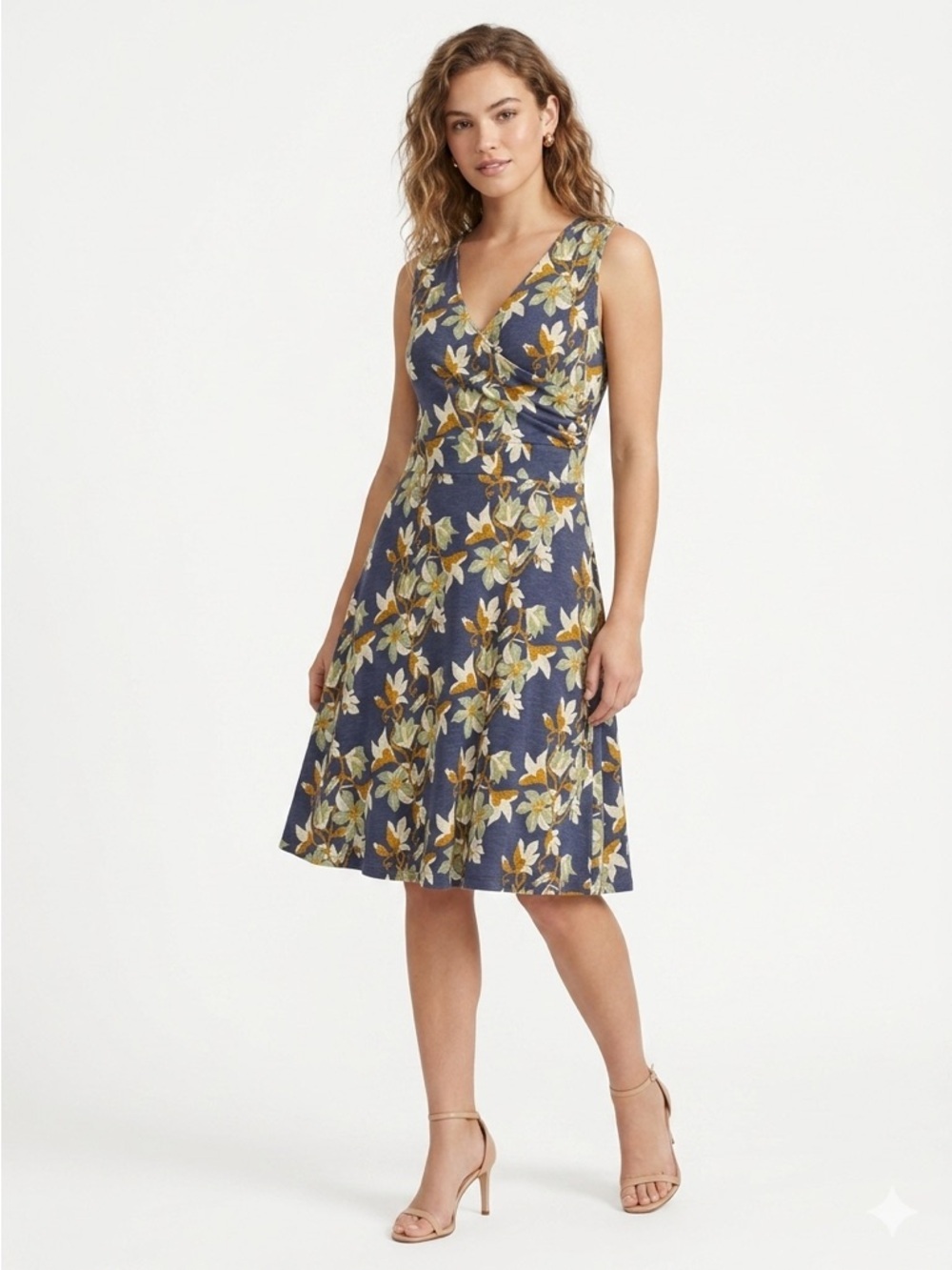 Patagonia Porch Song Dress V-Neck Faux Wrap Organic Cotton Floral Blue L